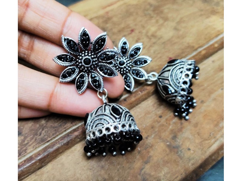 Antique Black Flower Stone oxidized silver Jhumka Temple Earring Traditional Stud for women Antique Black Flower Stone oxidized silver Jhumka Temple Earring Traditional Stud for women