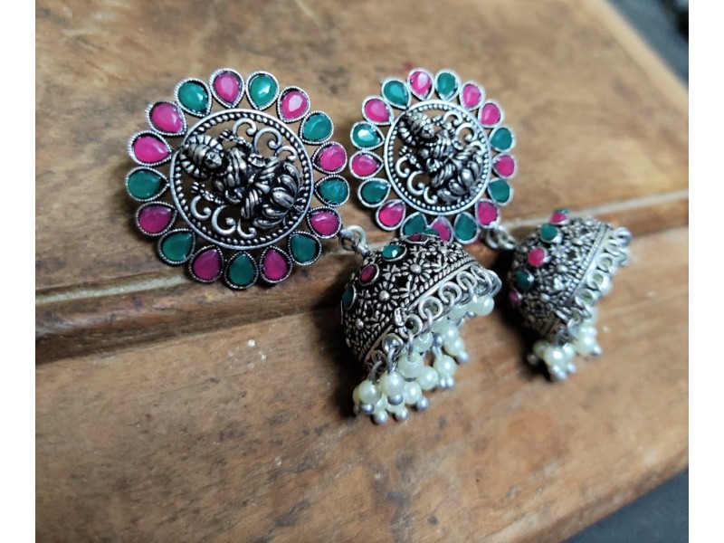 Antique Blue Red Green Stone Lakshmi oxidized silver Jhumka Temple Earring stud for women Antique Blue Red Green Stone Lakshmi oxidized silver Jhumka Temple Earring stud for women