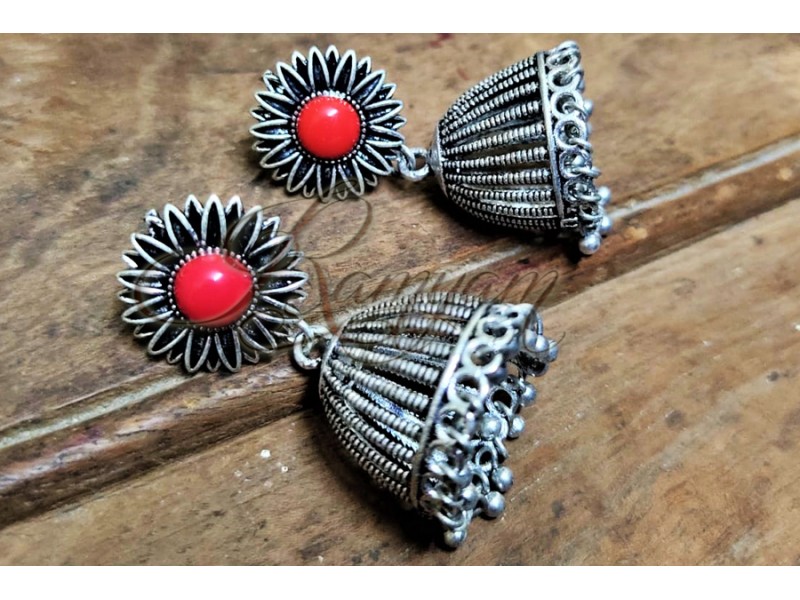 Buy Antique Flower pink Stone oxidized silver cage  Jhumka jumki Temple Earring Traditional Stud for women Buy Antique Flower pink Stone oxidized silver cage  Jhumka jumki Temple Earring Traditional Stud for women