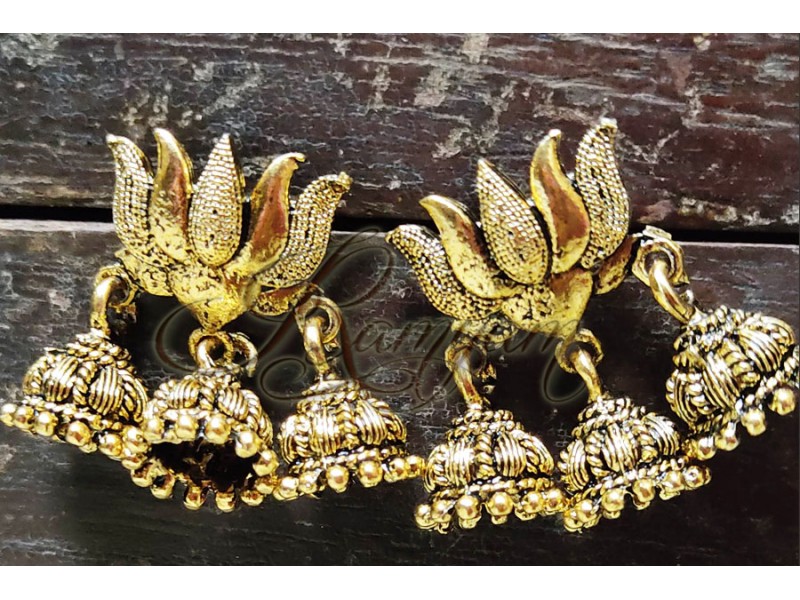 Oxidized Gold Lotus  Unique  Flower  small Jumka  Statement Earring Temple Festival Gift for Women Girl Jewellery  Oxidized Gold Lotus  Unique  Flower  small Jumka  Statement Earring Temple Festival Gift for Women Girl Jewellery