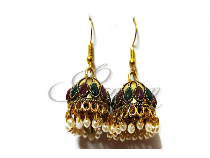 Red Green Stone Ethnic Gold Plated Oxidized Temple Festival Jumka Jumki Gift for Women Girl Jewellery Red Green Stone Ethnic Gold Plated Oxidized Temple Festival Jumka Jumki Gift for Women Girl Jewellery