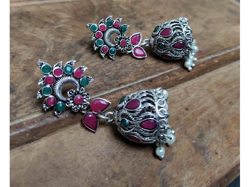 Antique Green Red stone Traditional oxidized silver Jhumka Earring stud for women Girls Antique Green Red stone Traditional oxidized silver Jhumka Earring stud for women Girls