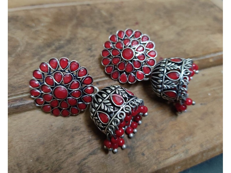 Antique Red stone oxidized Jhumka Earring Antique Red stone oxidized Jhumka Earring