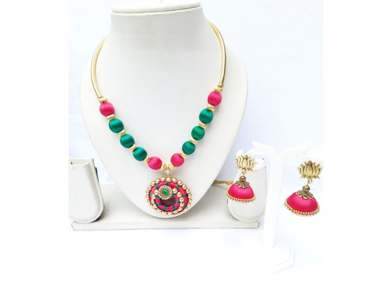 Silk thread Pink Green Necklace Jumka Set For Women Girls Function Wear Lotus Antique Earring  Silk thread Pink Green Necklace Jumka Set For Women Girls Function Wear Lotus Antique Earring