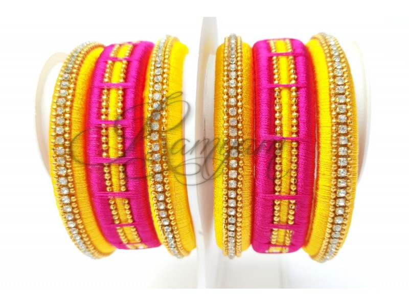 Yellow Pink Festive Silk thread chain kada kundan unique bangle bracelet set for women kids handmade  Yellow Pink Festive Silk thread chain kada kundan unique bangle bracelet set for women kids handmade