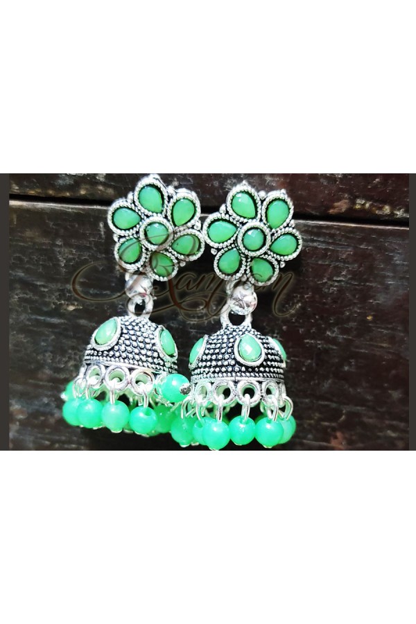 Green Stone Ethnic Silver Plated Small Oxidized Jumka Jumki for Women Girl Jewellery Green Stone Ethnic Silver Plated Small Oxidized Jumka Jumki for Women Girl Jewellery