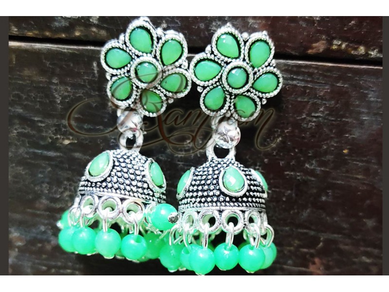 Green Stone Ethnic Silver Plated Small Oxidized Jumka Jumki for Women Girl Jewellery Green Stone Ethnic Silver Plated Small Oxidized Jumka Jumki for Women Girl Jewellery