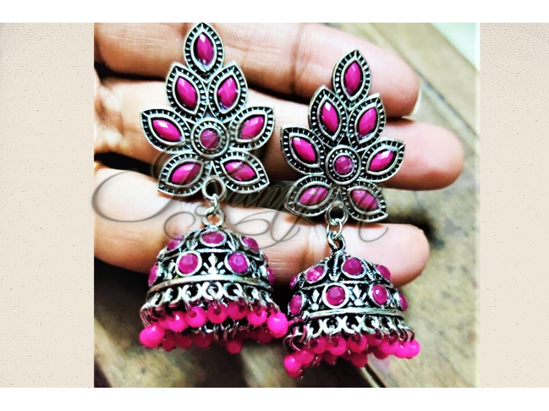 Antique Pink Flower Leaf Stone oxidized Gold Jhumka Temple Earring Traditional Stud for women Festive Antique Pink Flower Leaf Stone oxidized Gold Jhumka Temple Earring Traditional Stud for women Festive
