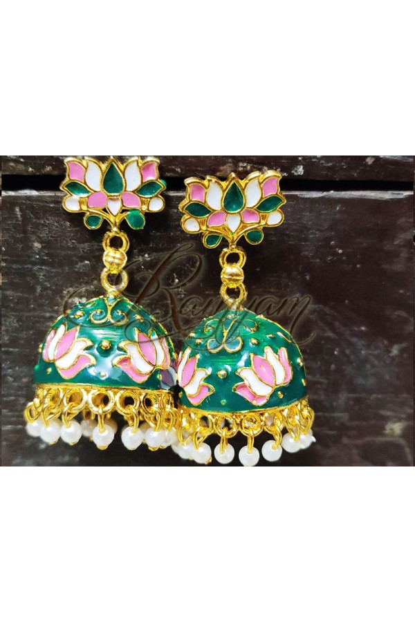 Green Meenakari Unique  Flower Stud Statement Earring Temple Festival Gift for Women Girl Jewellery Green Meenakari Unique  Flower Stud Statement Earring Temple Festival Gift for Women Girl Jewellery