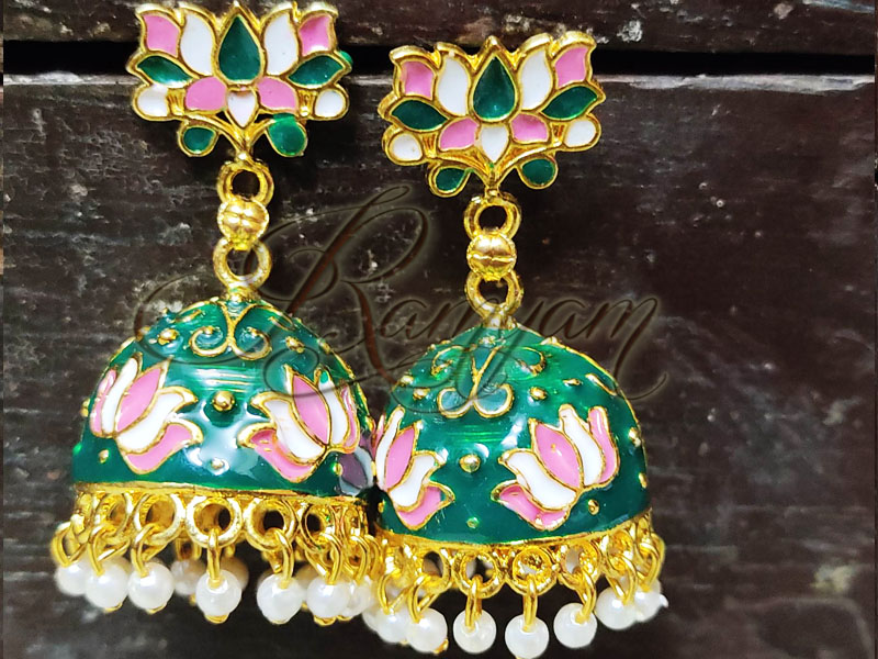 Green Meenakari Unique  Flower Stud Statement Earring Temple Festival Gift for Women Girl Jewellery Green Meenakari Unique  Flower Stud Statement Earring Temple Festival Gift for Women Girl Jewellery