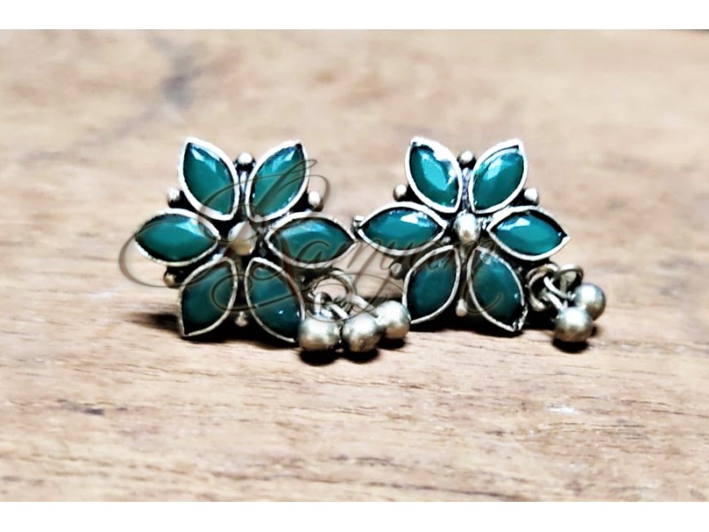 Buy Antique Green Flower Stone oxidized silver drop Temple Earring Traditional  Festive Stud for women girls Buy Antique Green Flower Stone oxidized silver drop Temple Earring Traditional  Festive Stud for women girls