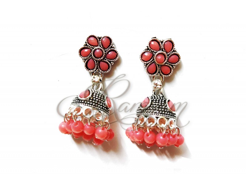 Peach Stone Ethnic Silver Plated Small Oxidized Jumka Jumki for Women Girl Jewellery Peach Stone Ethnic Silver Plated Small Oxidized Jumka Jumki for Women Girl Jewellery