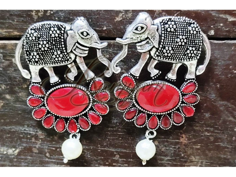 Oxidized Silver Elephant Unique  Flower  Red Stone Statement Earring Temple Festival Gift for Women Girl Jewellery  Oxidized Silver Elephant Unique  Flower  Red Stone Statement Earring Temple Festival Gift for Women Girl Jewellery