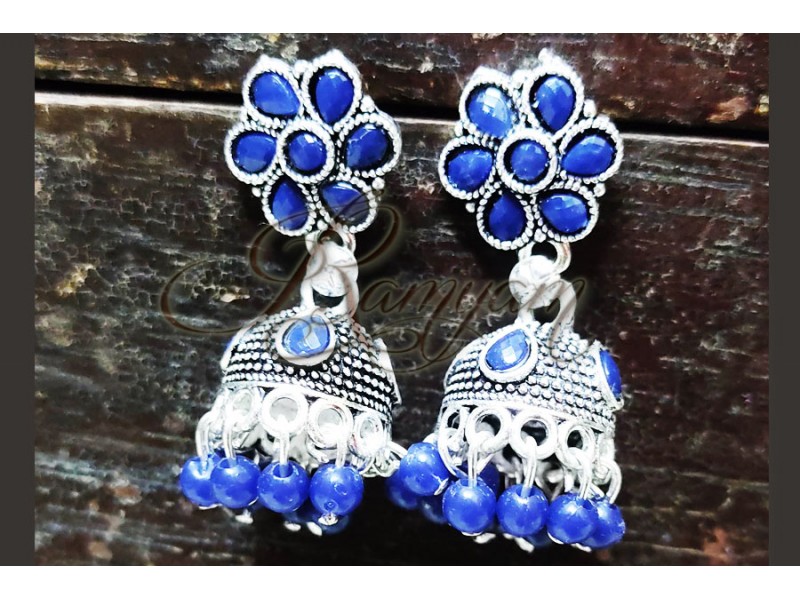 Blue Stone Ethnic Silver Plated Small Oxidized Jumka Jumki for Women Girl Jewellery Blue Stone Ethnic Silver Plated Small Oxidized Jumka Jumki for Women Girl Jewellery