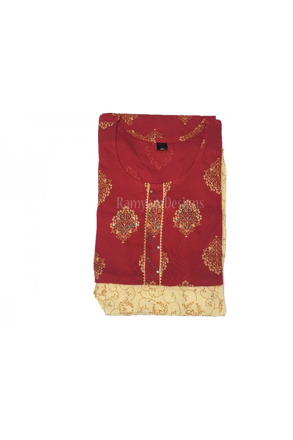 Red Printed Cotton Knee Long Kurti Salwar with Palazzo set (Large)