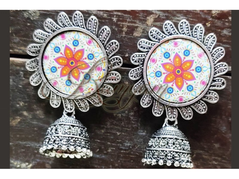 Oxidized Silver Calidoscope Unique  Flower Stud Statement Earring Temple Festival Gift for Women Girl Jewellery  Oxidized Silver Calidoscope Unique  Flower Stud Statement Earring Temple Festival Gift for Women Girl Jewellery
