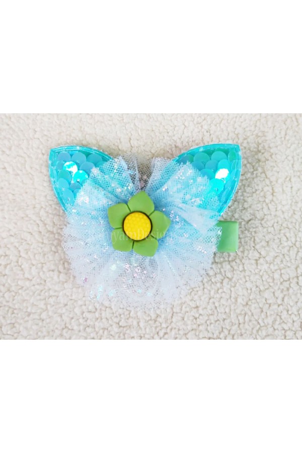 Toddler Kids girls Glitter Blue Daisy Sequin Bunny Ear Aligator Hair clips (pack of 1) 