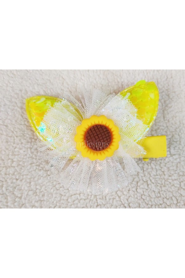 Toddler Kids girls Glitter Yellow Sunflower Sequin Bunny Ear Aligator Hair clips (pack of 1) 